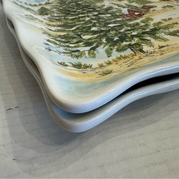 Maxcera SNOWVILLE Square Dinner Plate Winter Snowy Forest House Evergreen Set 2 - Picture 12 of 16